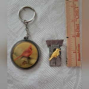 Marjolein Bastin keychain w/ cardinal & bird house w/gold bird brooch both EUC